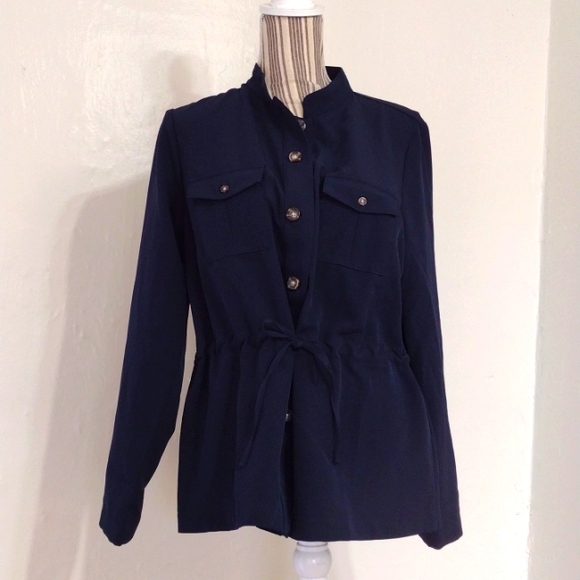 J Jill Wearever Collection Button Front Cinched Waist Blouse Roll Tab Sleeves M - Picture 1 of 13